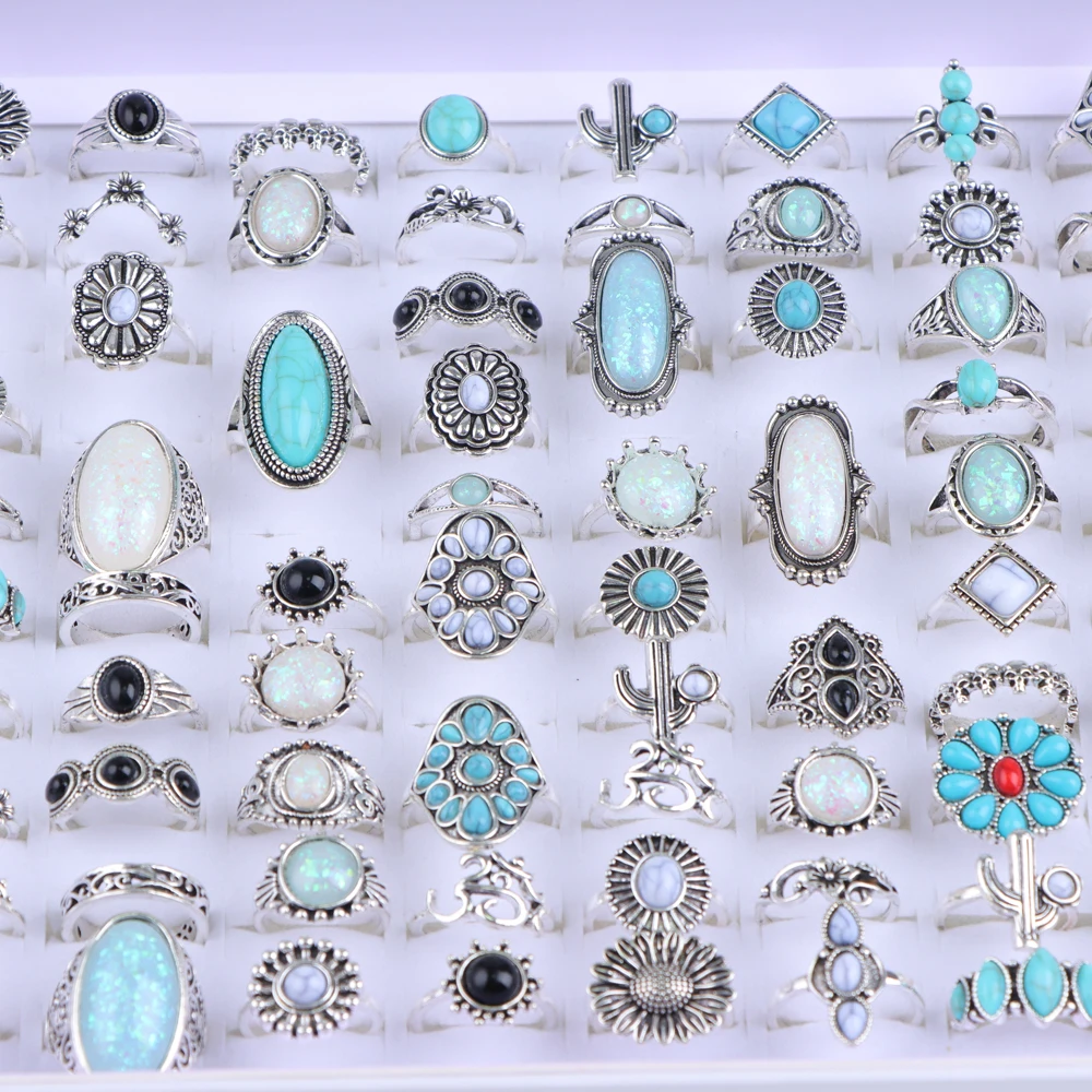 20/30Pcs/Lot Vintage Boho Glass Turquoise Rings Fashion Women Vacation Style Daily Festival Jewelry Party Decoration Gifts