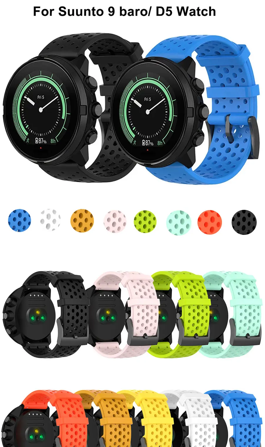 Silicone Watchband Strap for Suunto Spartan Sport Wrist HR for Suunto 9/9 Baro/Suunto 7/ D5 Watch 24mm Replacement Band Bracelet