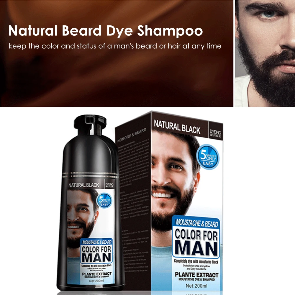Natural Long Lasting 200ml Permanent Beard Dye Shampoo for Men Beard Dying Removal White Grey Beard Hair Men Beard Dye Shampoo