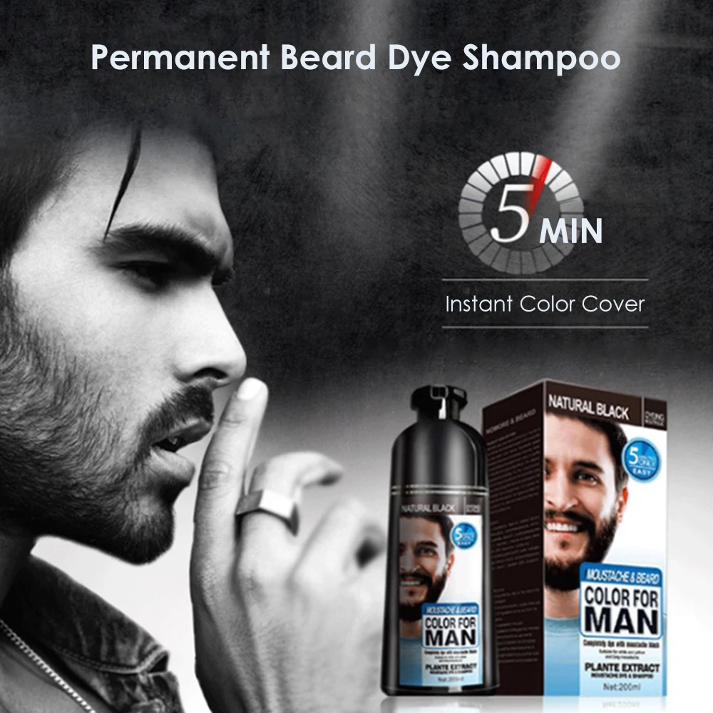 Natural Long Lasting 200ml Permanent Beard Dye Shampoo for Men Beard Dying Removal White Grey Beard Hair Men Beard Dye Shampoo
