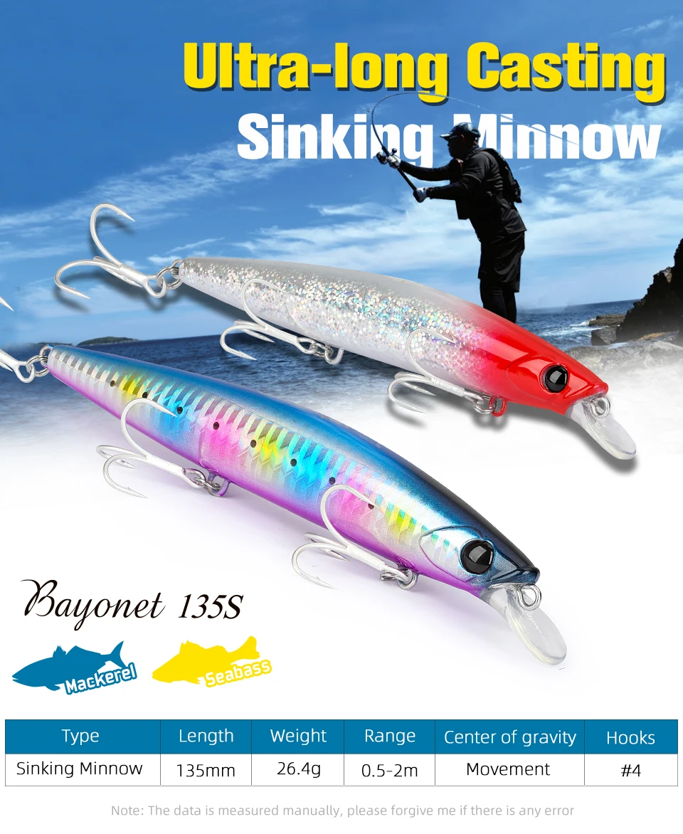 TSURINOYA 135mm 26.4g Ultra Long Casting 135S Saltwater Sinking Minnow BAYONET Tungaten Weight Fishing Lure Seabass Hard Bait