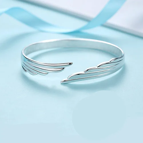 Fashion 925 Sterling Silver Woman Cuff Bracelet Lucky Angel Wing Lucky Bangle Girls Party Jewelry Gifts Christmas