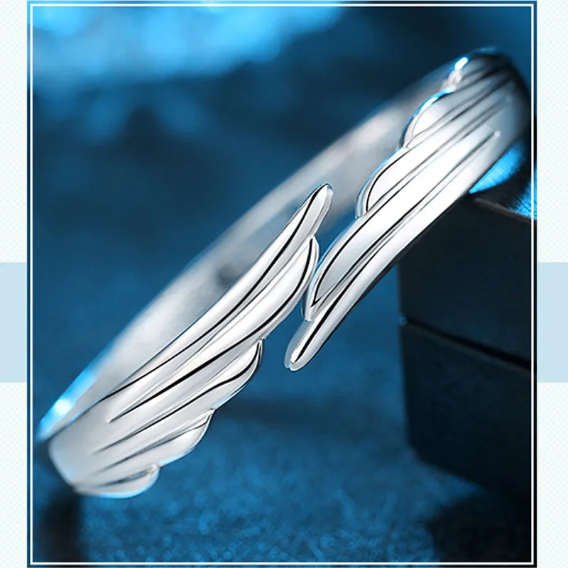 Fashion 925 Sterling Silver Woman Cuff Bracelet Lucky Angel Wing Lucky Bangle Girls Party Jewelry Gifts Christmas