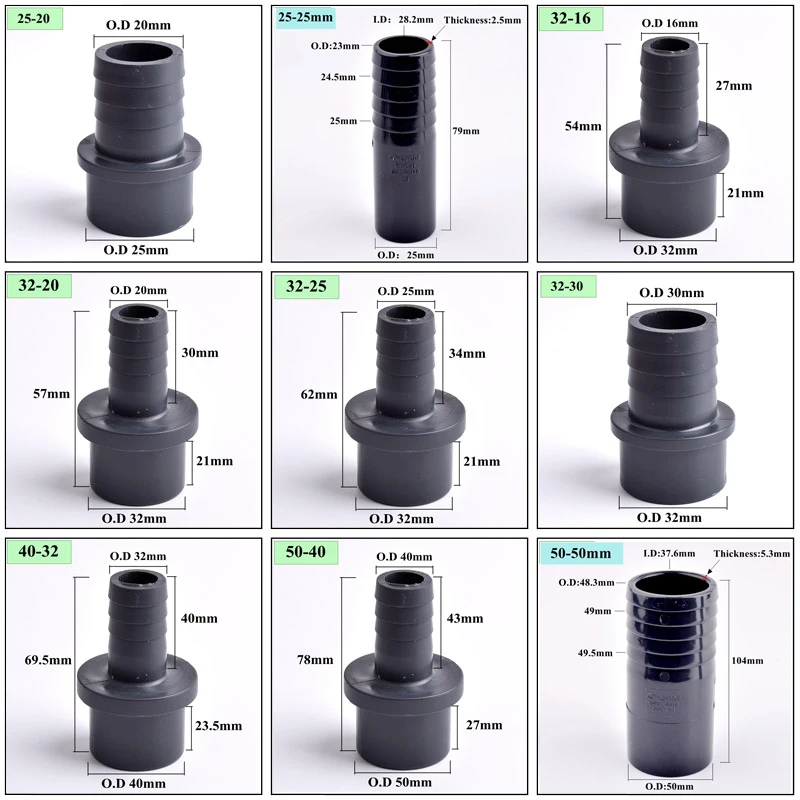 O.D 32/40/50/63-14/20/30/40/50/60mm Big Size UPVC Pagoda Connector Garden Irrigation Pipe Soft Hose Adapter Joint Accessories