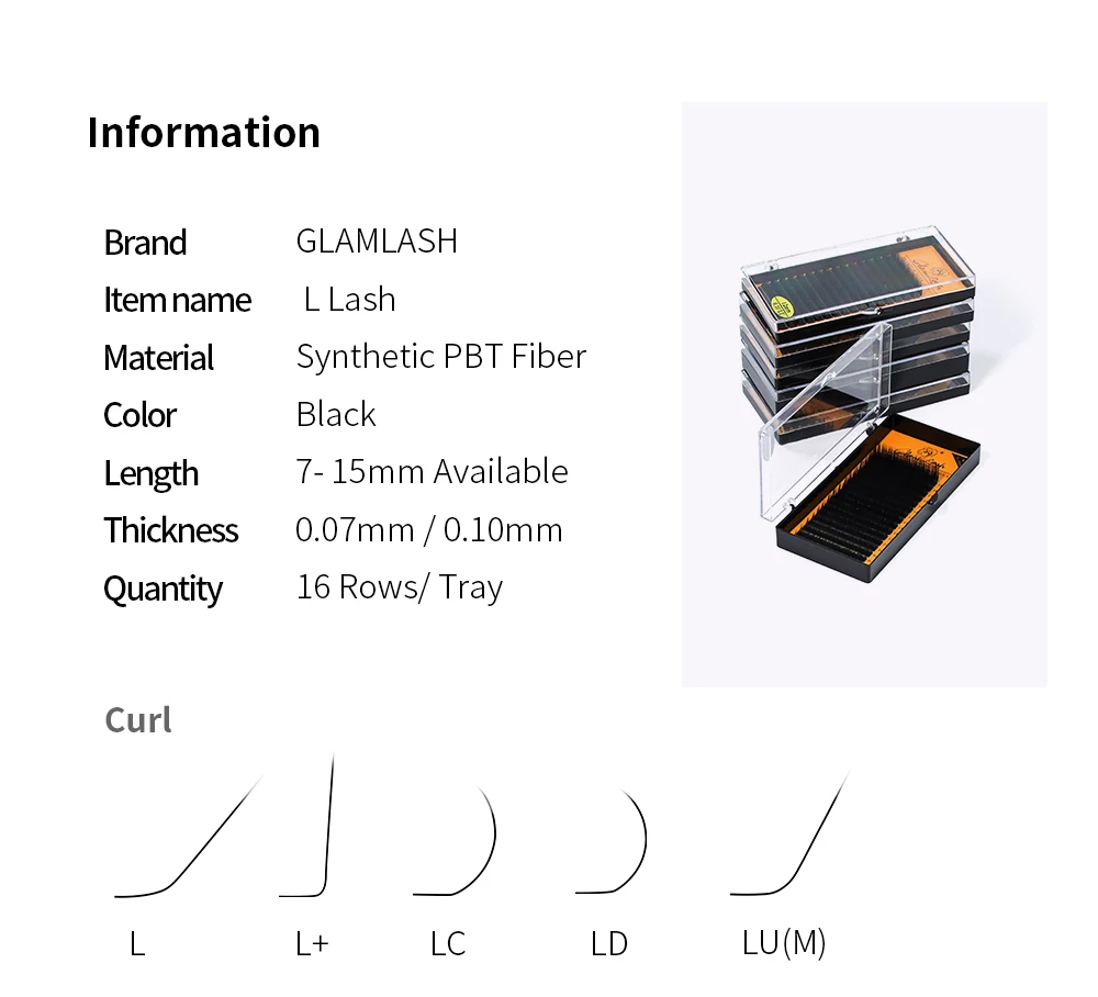 GLAMLASH L/L+/LC/LD/LU(M)/N Curl 16Rows False Eyelash Extensions Mink Black Material 7-15mm Mixed Tray L Curl Makeup Lashes