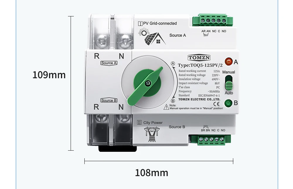 TOMZN Single Phase Din Rail ATS PV Inverter Dual Power Automatic Transfer Selector Switches Uninterrupted 2P 63A 100A 125A