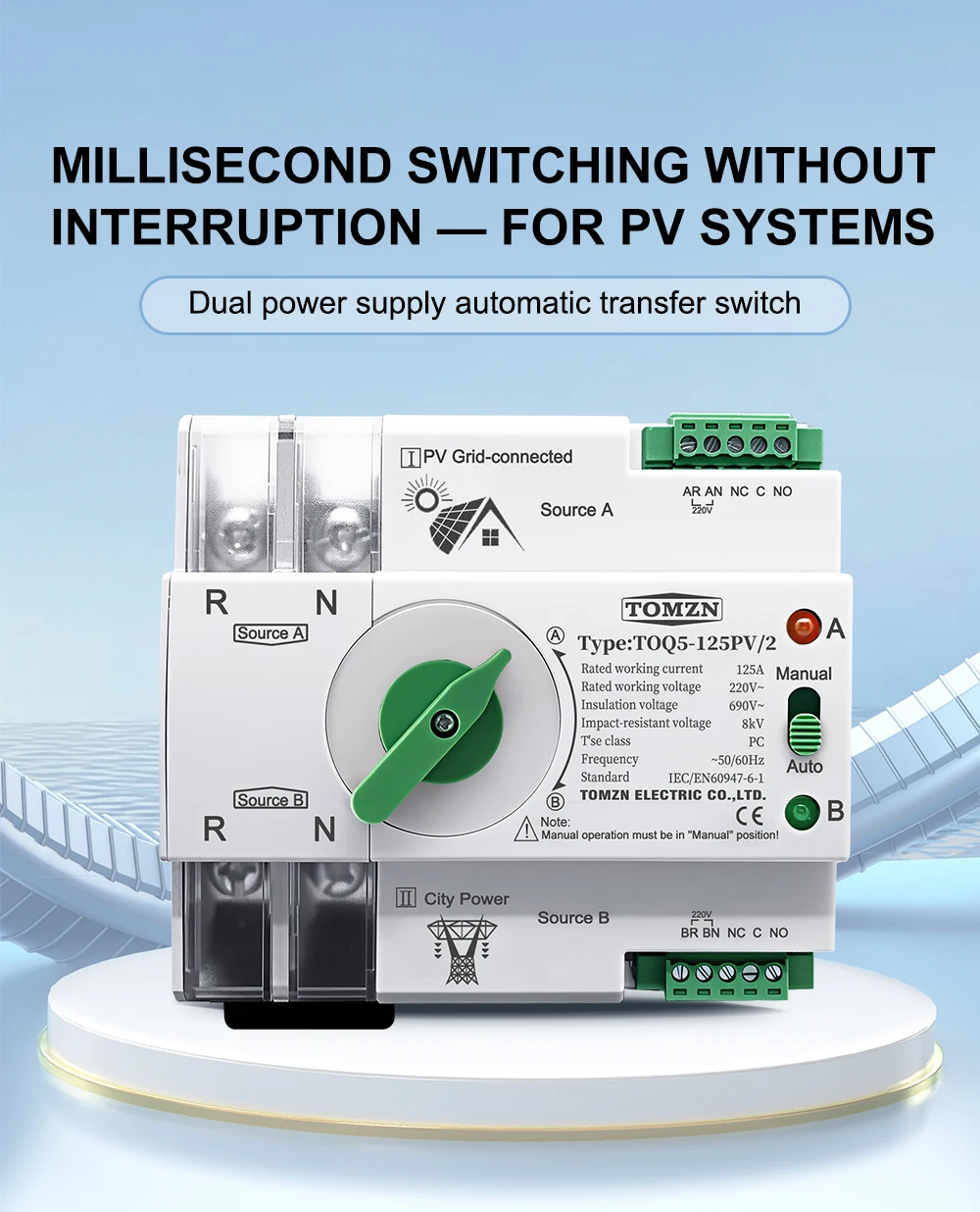TOMZN Single Phase Din Rail ATS PV Inverter Dual Power Automatic Transfer Selector Switches Uninterrupted 2P 63A 100A 125A