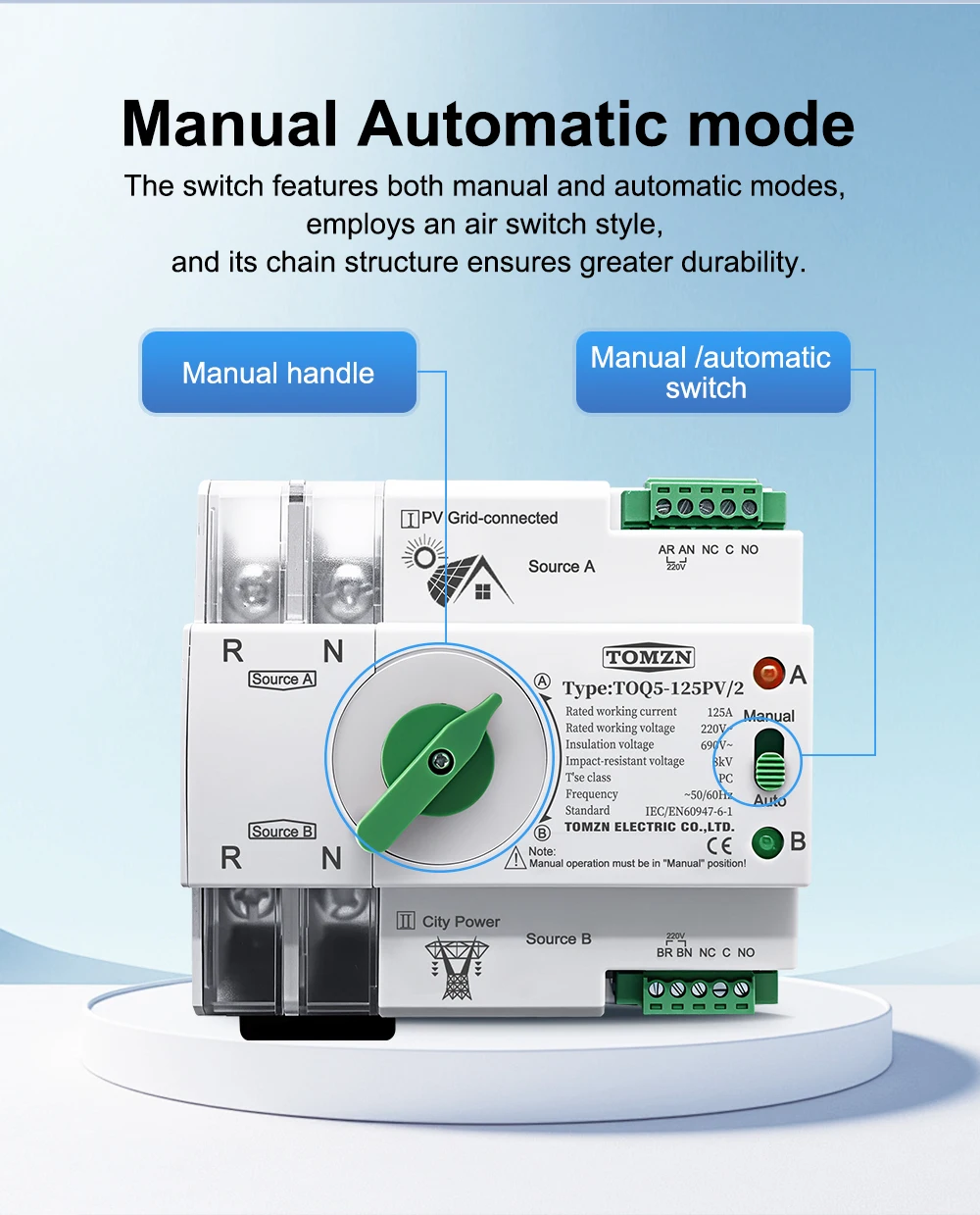 TOMZN Single Phase Din Rail ATS PV Inverter Dual Power Automatic Transfer Selector Switches Uninterrupted 2P 63A 100A 125A