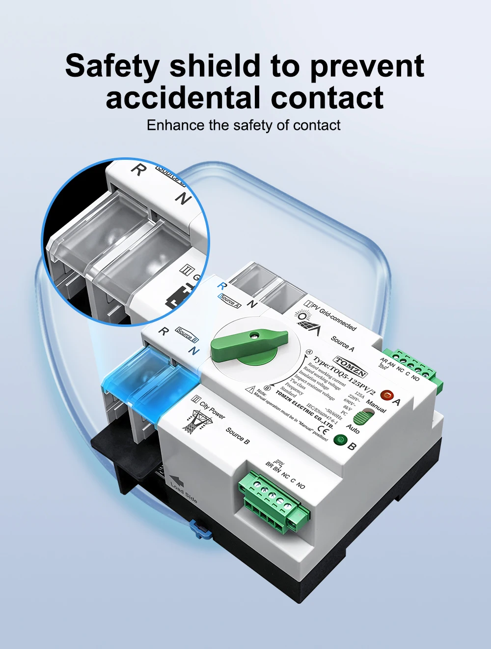 TOMZN Single Phase Din Rail ATS PV Inverter Dual Power Automatic Transfer Selector Switches Uninterrupted 2P 63A 100A 125A