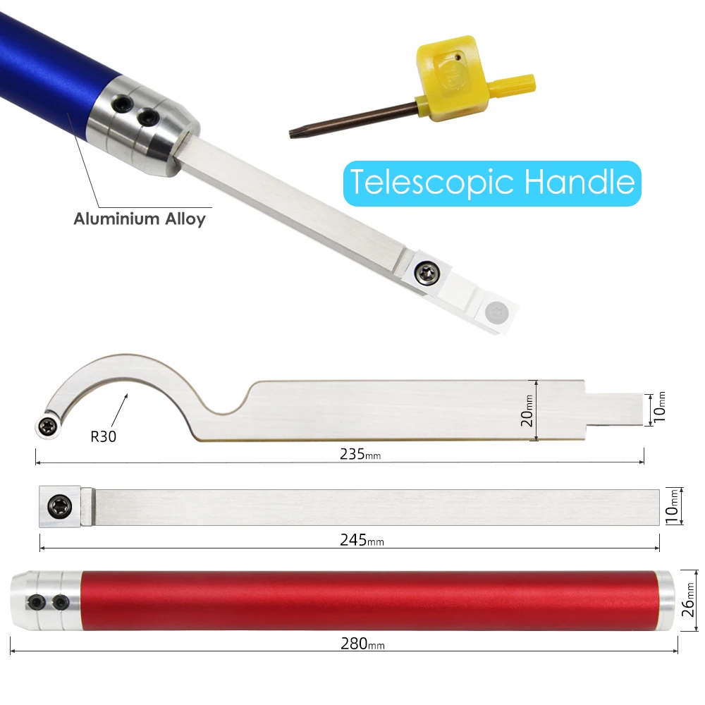 TASP Carbide Insert Cutter Woodturning Tool Swan Neck Wood Turning Chisel Blade & Aluminum Handle for Woodworking Lathe Machine