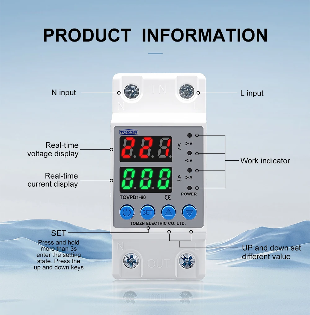 Din Rail Dual Display Adjustable Over Voltage Current and Under Voltage Protective Device Protector Relay 40A 63A 220V 230V