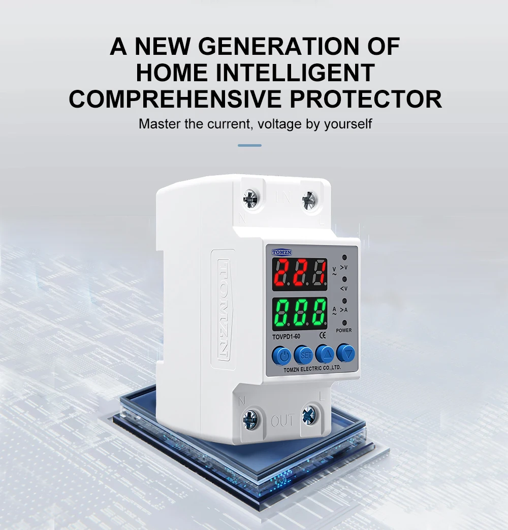Din Rail Dual Display Adjustable Over Voltage Current and Under Voltage Protective Device Protector Relay 40A 63A 220V 230V