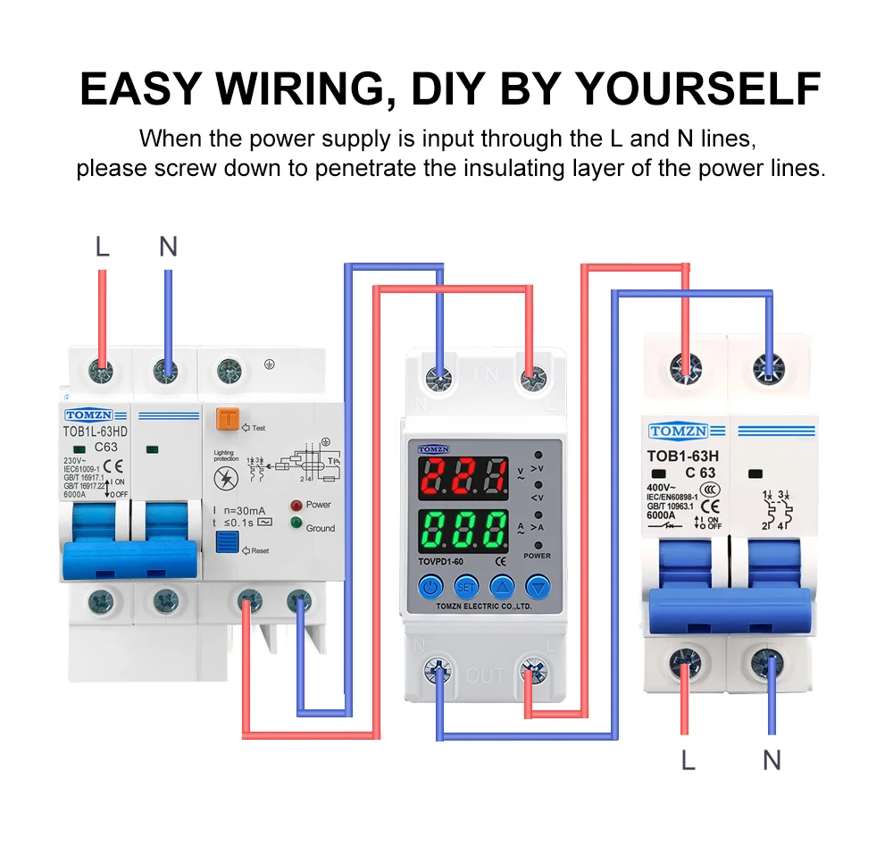 Din Rail Dual Display Adjustable Over Voltage Current and Under Voltage Protective Device Protector Relay 40A 63A 220V 230V