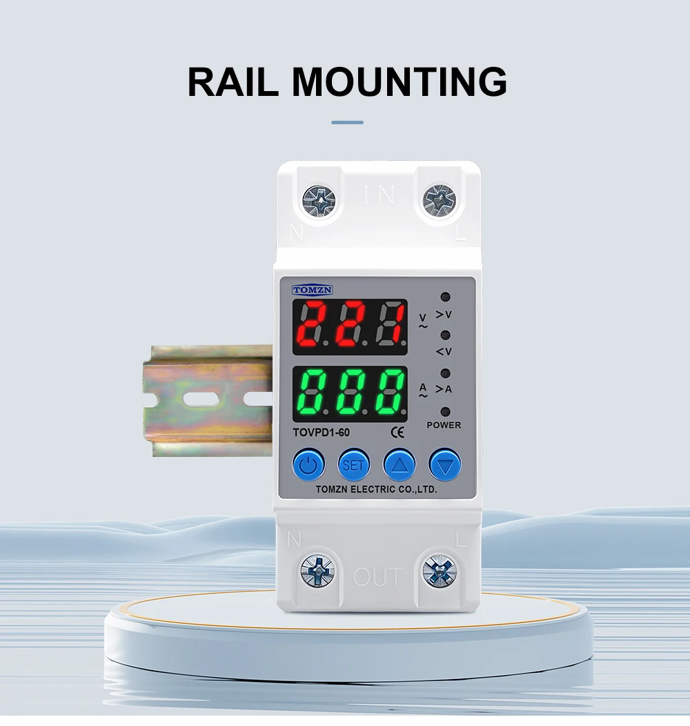 Din Rail Dual Display Adjustable Over Voltage Current and Under Voltage Protective Device Protector Relay 40A 63A 220V 230V