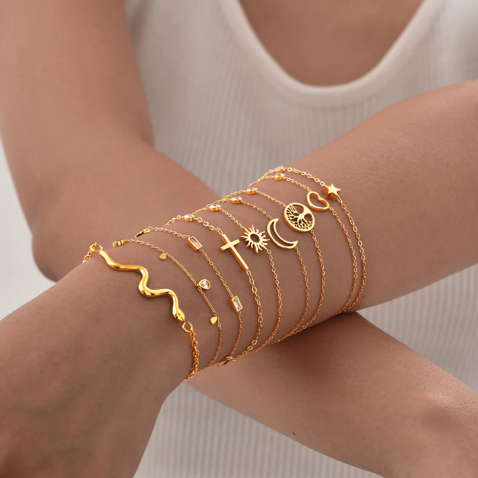 Women Minimalism Thin Chain Cross Crescent Moon Star Bracelet, Stainless Steel Female Adjustable Link Stacked Layered