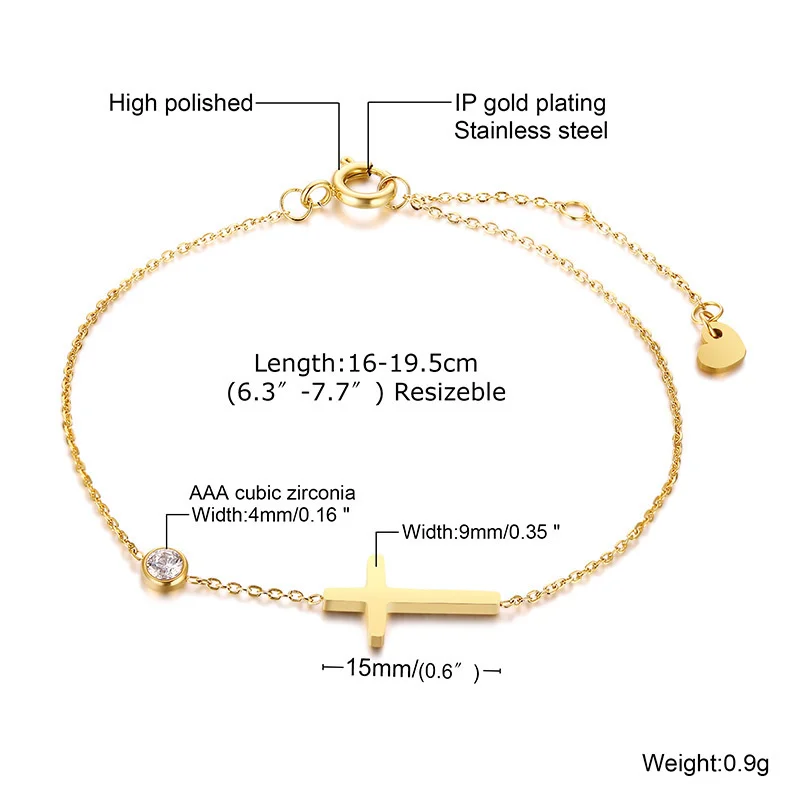 Women Minimalism Thin Chain Cross Crescent Moon Star Bracelet, Stainless Steel Female Adjustable Link Stacked Layered