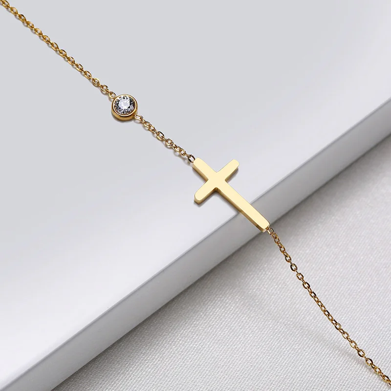 Women Minimalism Thin Chain Cross Crescent Moon Star Bracelet, Stainless Steel Female Adjustable Link Stacked Layered
