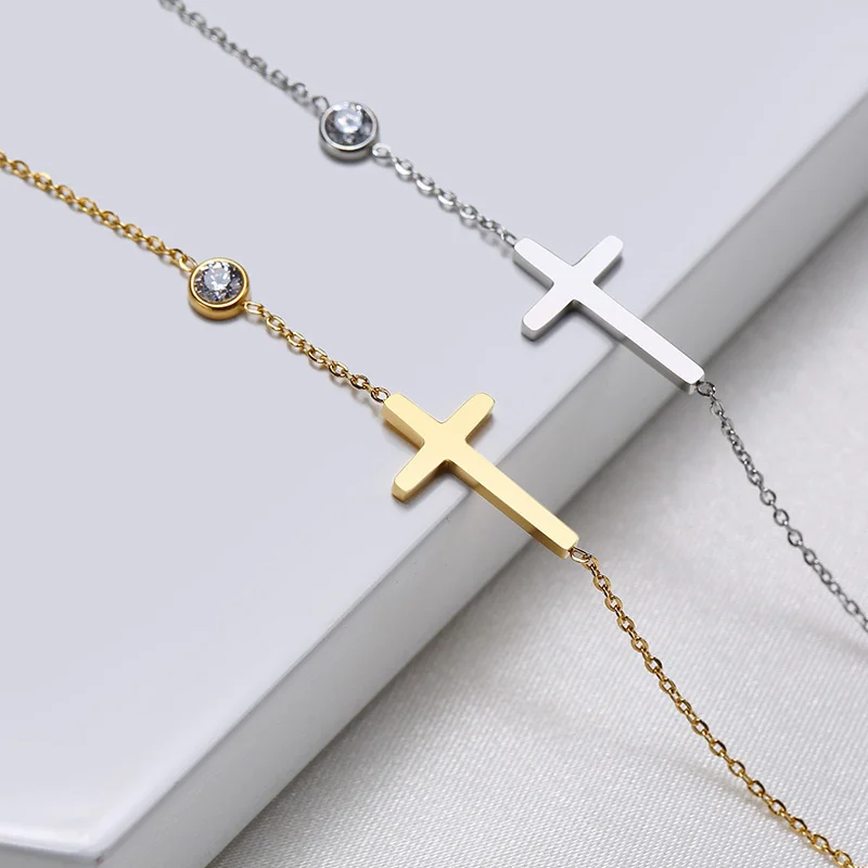 Women Minimalism Thin Chain Cross Crescent Moon Star Bracelet, Stainless Steel Female Adjustable Link Stacked Layered
