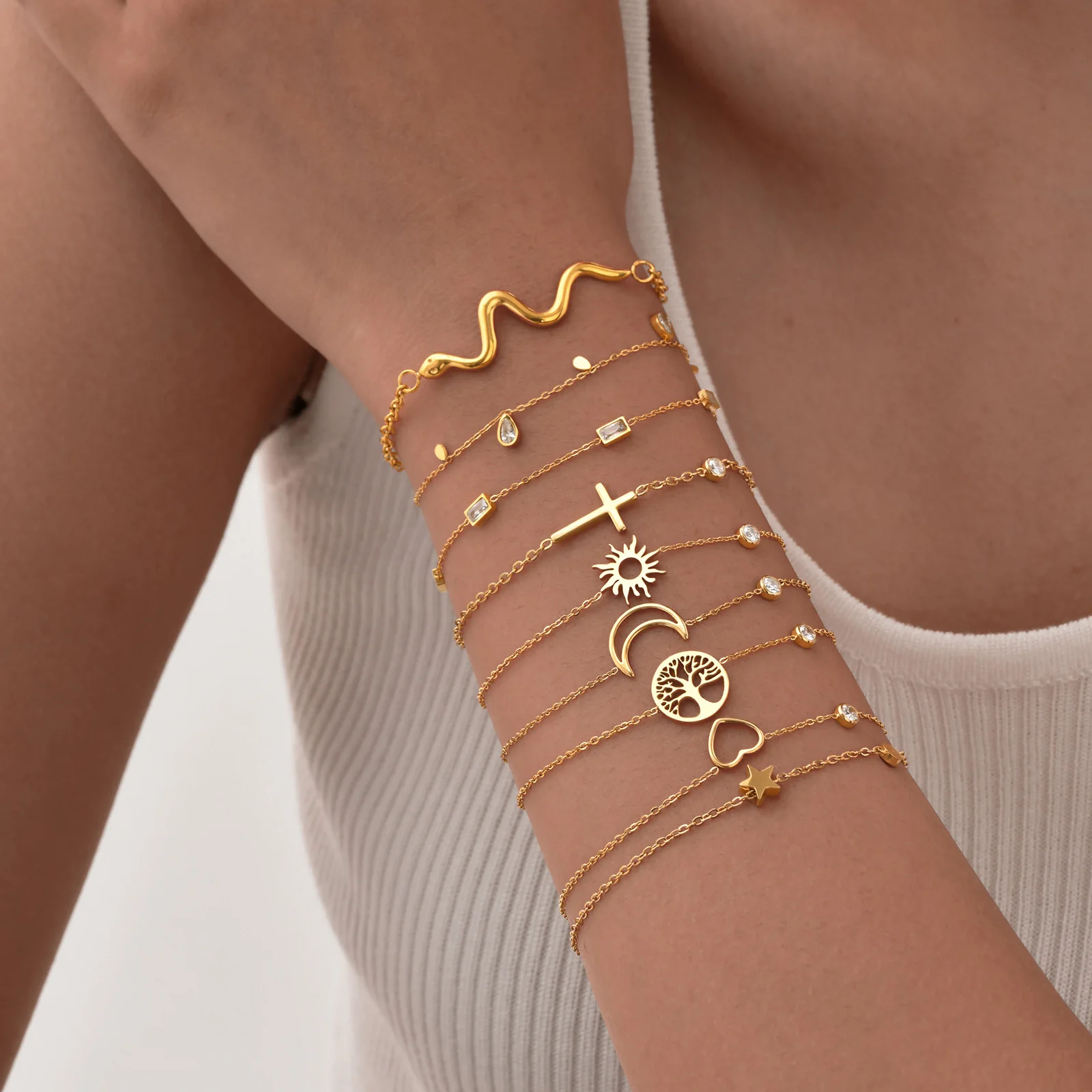 Women Minimalism Thin Chain Cross Crescent Moon Star Bracelet, Stainless Steel Female Adjustable Link Stacked Layered