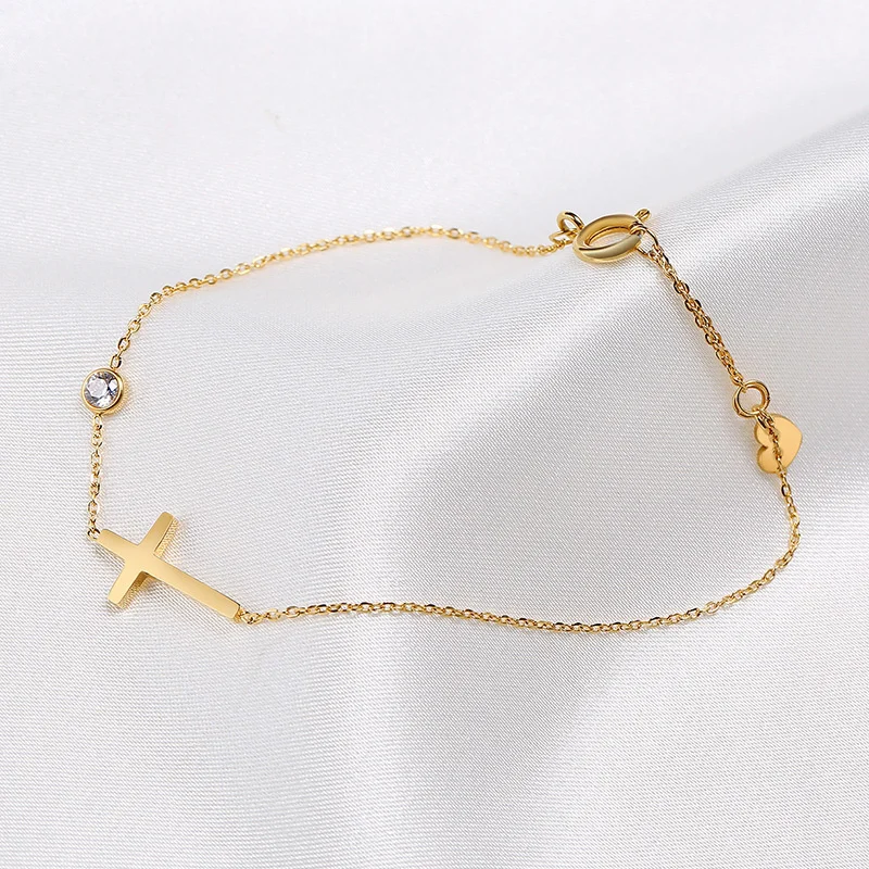 Women Minimalism Thin Chain Cross Crescent Moon Star Bracelet, Stainless Steel Female Adjustable Link Stacked Layered