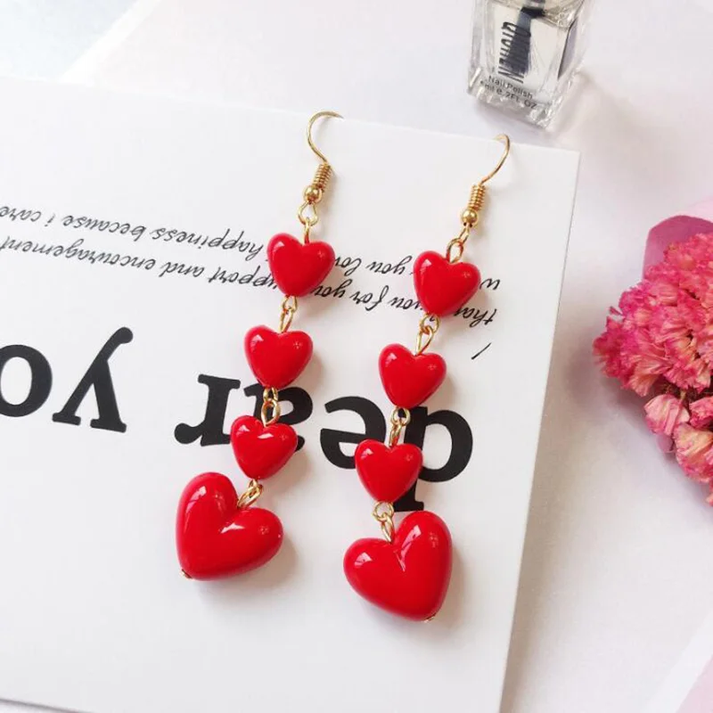 Red Color Women Dangle Earrings Geometric Pendants Gold Color Metal Hook Earrings Long Hang Earrings Pendientes Fashion Jewelry