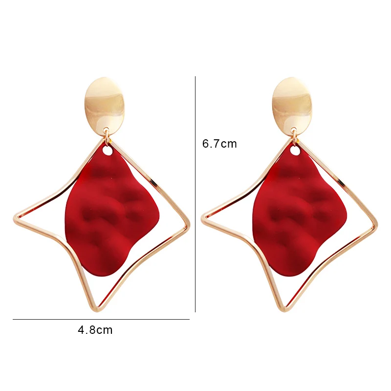 Red Color Women Dangle Earrings Geometric Pendants Gold Color Metal Hook Earrings Long Hang Earrings Pendientes Fashion Jewelry