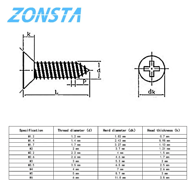 Countersunk head tapping screws M1.2 M1.4 M1.7 M2 M2.5 M3 M3.5 M4 M5 M6 304 Stainless steel Cross recessed Flat Wood Screw