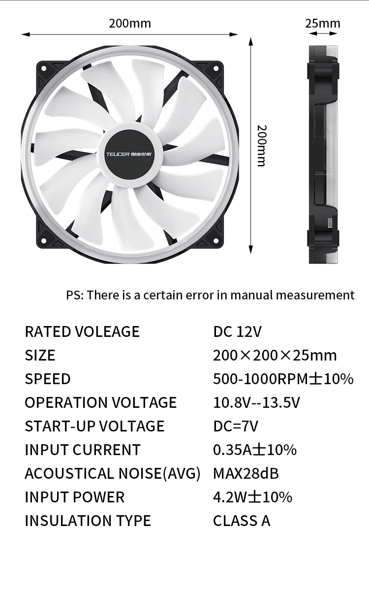 TEUCER FD200 200mm ARGB Computer Case Fan 5V 3PIN LED Cooling Fans Desktop PC Case Accessories
