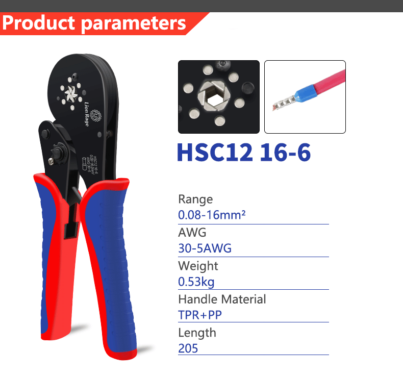 Tubular Terminal Crimping Tool Small Pliers HSC12 16-6 Large Terminal Precision Electrical Fixture Kit 0.08-16mm ²/ 30-5AWG