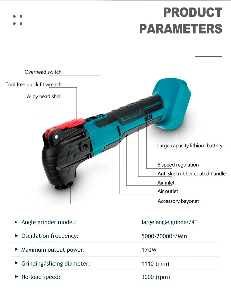 170W Electric Cordless Oscillator, 6-Gear Settings, 5000-20000r/Min, for Sawing/Cutting/Shoveling, For 18V/21V Makita Battery