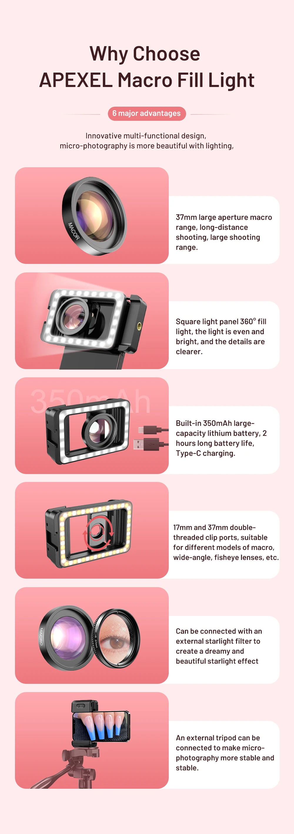 APEXEL New Upgraded HD 15x Super Macro Lens With LED Fill Light Universal Clamp Micro Lenses for iPhone Samsung All Smartphones