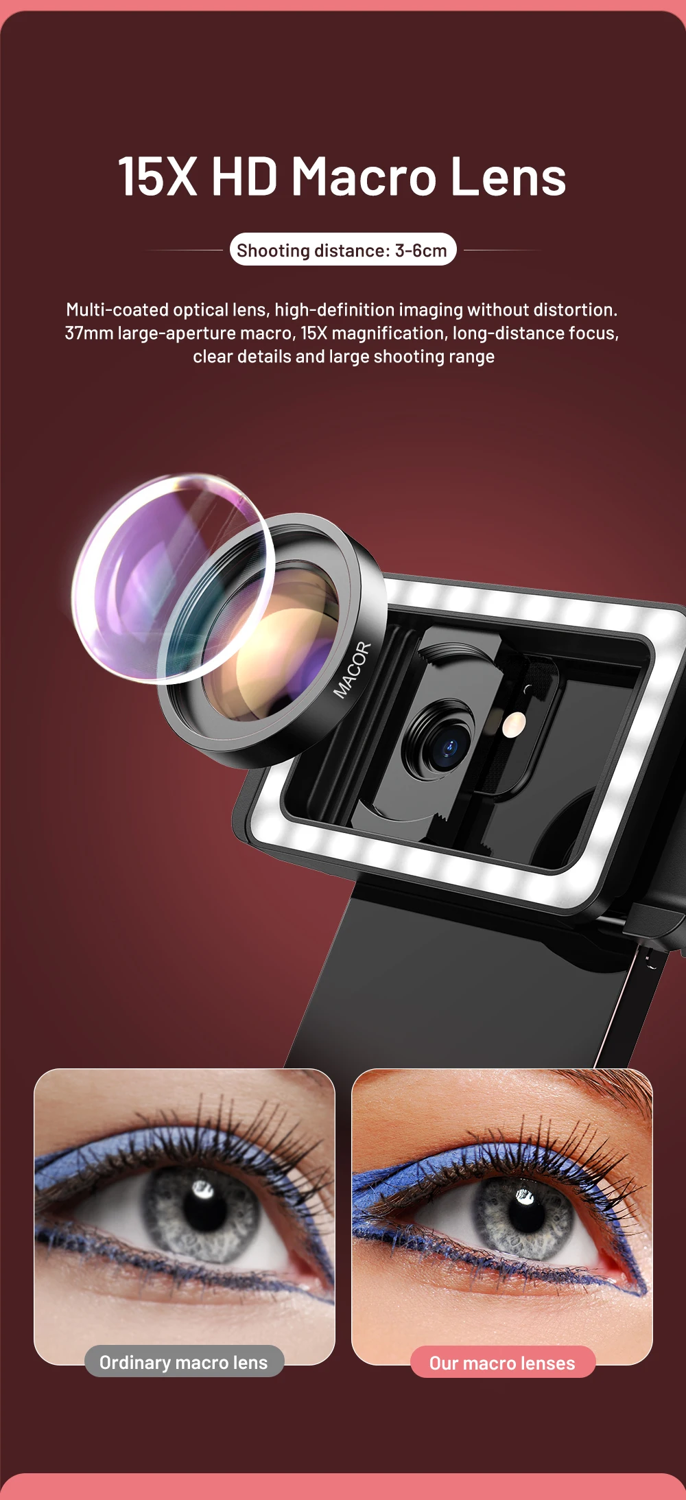 APEXEL New Upgraded HD 15x Super Macro Lens With LED Fill Light Universal Clamp Micro Lenses for iPhone Samsung All Smartphones