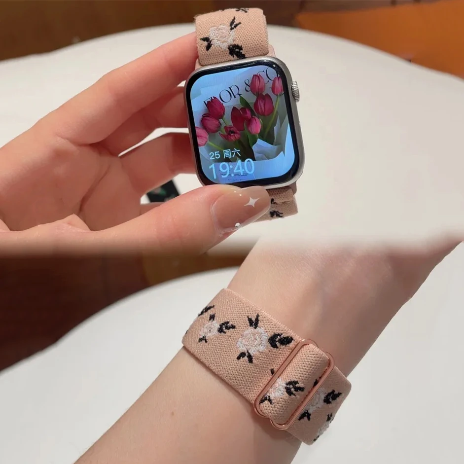 Korea Retro Nylon Flower Elasticity Band For Apple Watch 49mm 38 40 41mm Correa Cute Strap For iWatch Series Ultra 2 9 8 7 SE 6