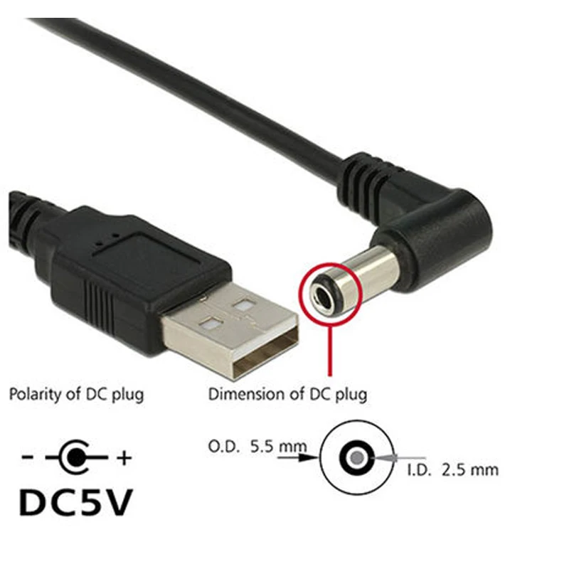 Black 90 Angle PC USB Male to 5V DC 3.5*1.35mm Connector Extension Power Cable Cord Adapter 5.5*2.1mm to USB Date Line 2.5*0.7mm