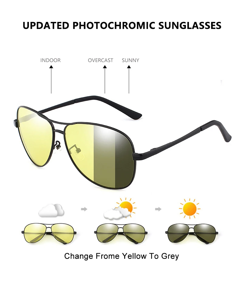 Photochromic Polarized Sunglasses Men Women Classic Pilot Chameleon Sun Glasses Fashion Change Color Fishing Eyeglasses