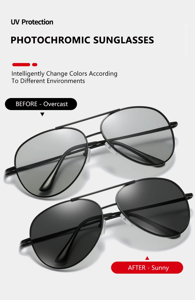 Photochromic Polarized Sunglasses Men Women Classic Pilot Chameleon Sun Glasses Fashion Change Color Fishing Eyeglasses