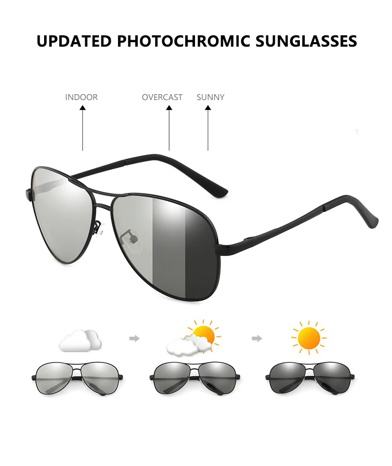 Photochromic Polarized Sunglasses Men Women Classic Pilot Chameleon Sun Glasses Fashion Change Color Fishing Eyeglasses