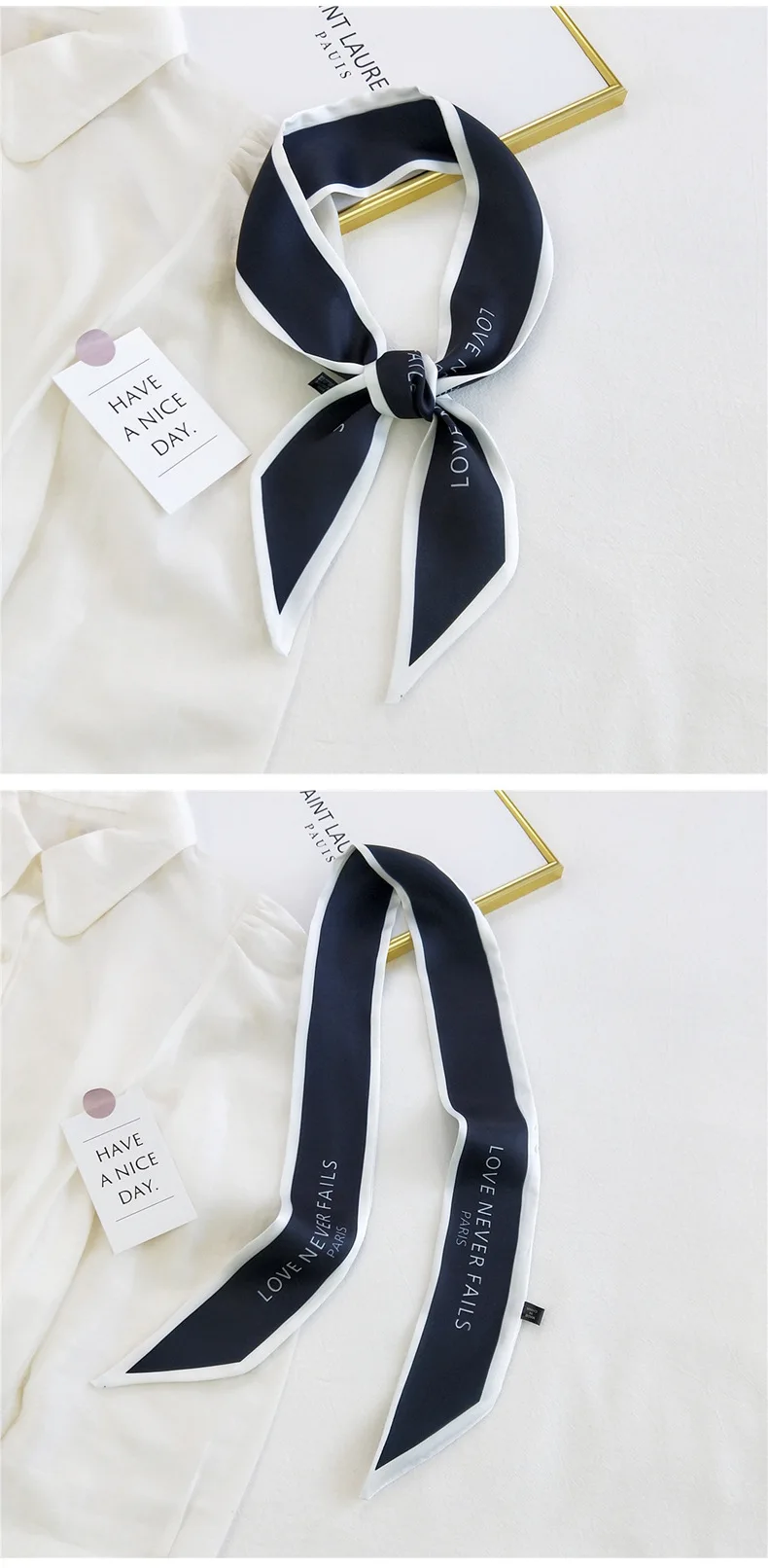 Women Hair Scarf Fashion Narrow Long Scarf Elegant Satin Silk Bow Tie Letter Print Bag Ribbon Headband Scarves Foulard Cheveux