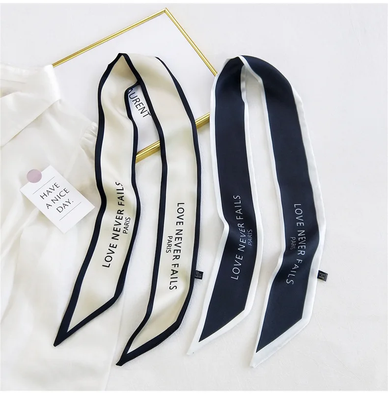 Women Hair Scarf Fashion Narrow Long Scarf Elegant Satin Silk Bow Tie Letter Print Bag Ribbon Headband Scarves Foulard Cheveux