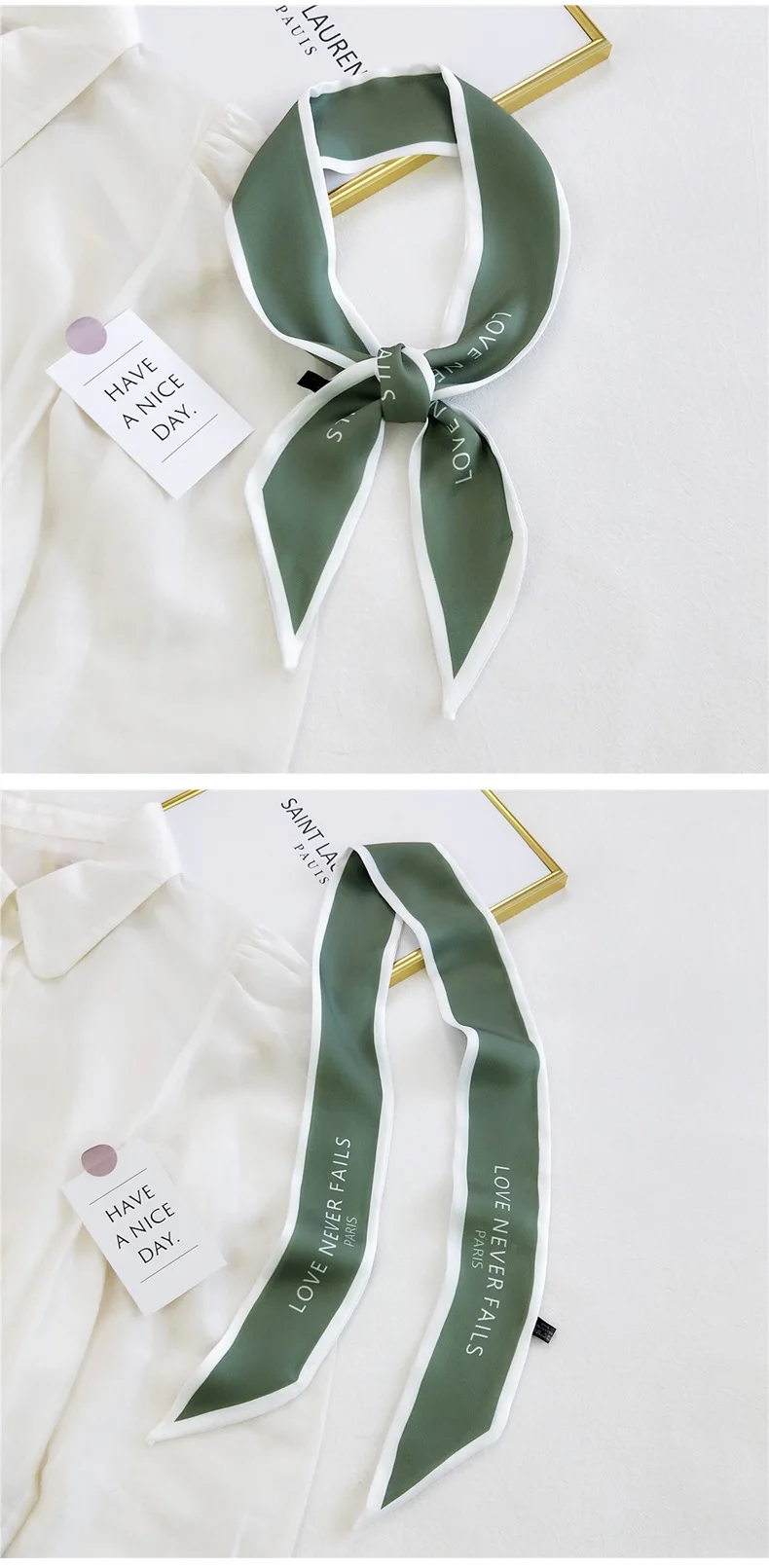 Women Hair Scarf Fashion Narrow Long Scarf Elegant Satin Silk Bow Tie Letter Print Bag Ribbon Headband Scarves Foulard Cheveux