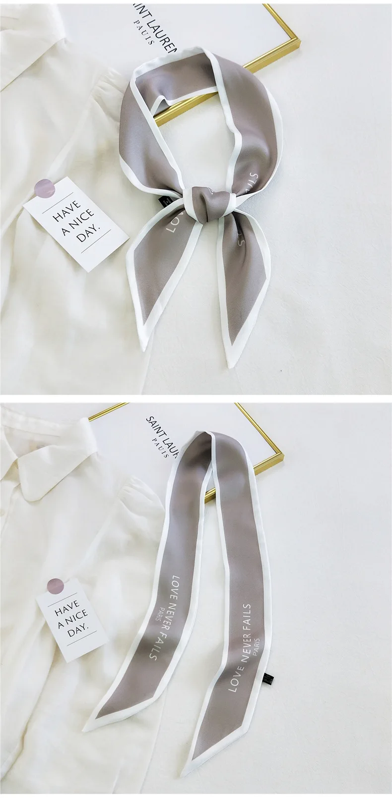Women Hair Scarf Fashion Narrow Long Scarf Elegant Satin Silk Bow Tie Letter Print Bag Ribbon Headband Scarves Foulard Cheveux