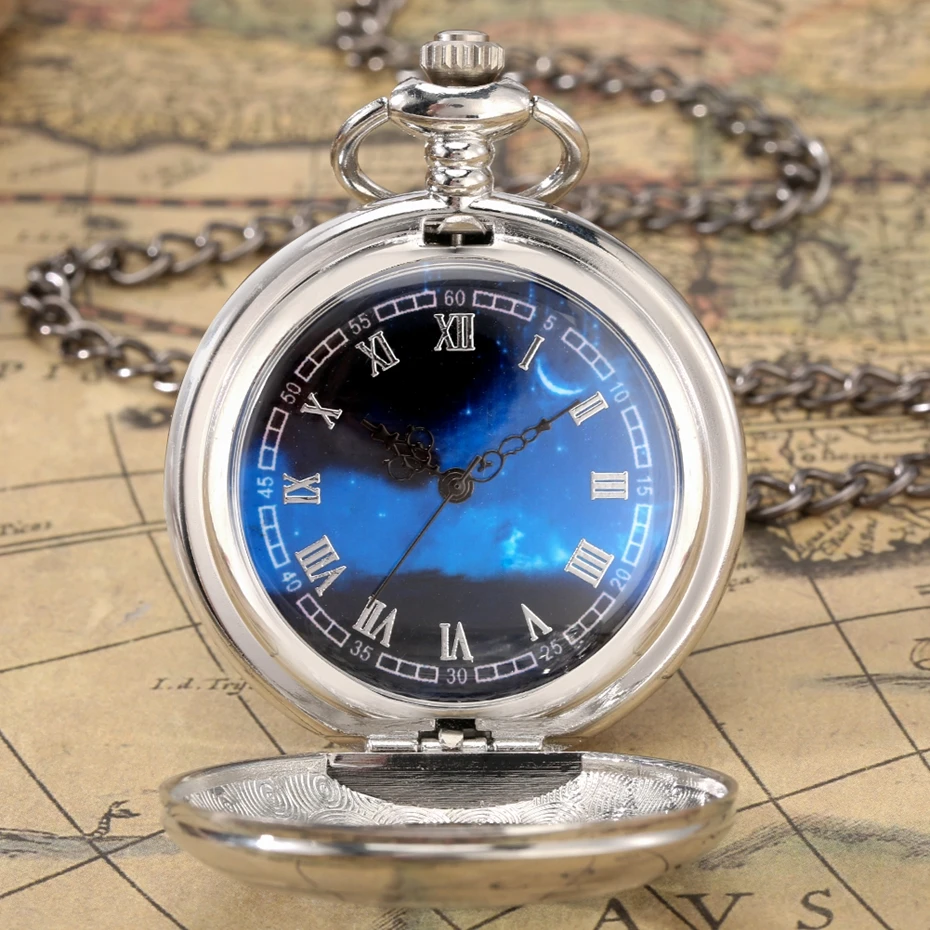 Exquise Starry Blue Dial Pendant Bronze Hollow Case Quartz Pocket Watch Roman Numerals Retro Watches Souvenir Gift for Men Women