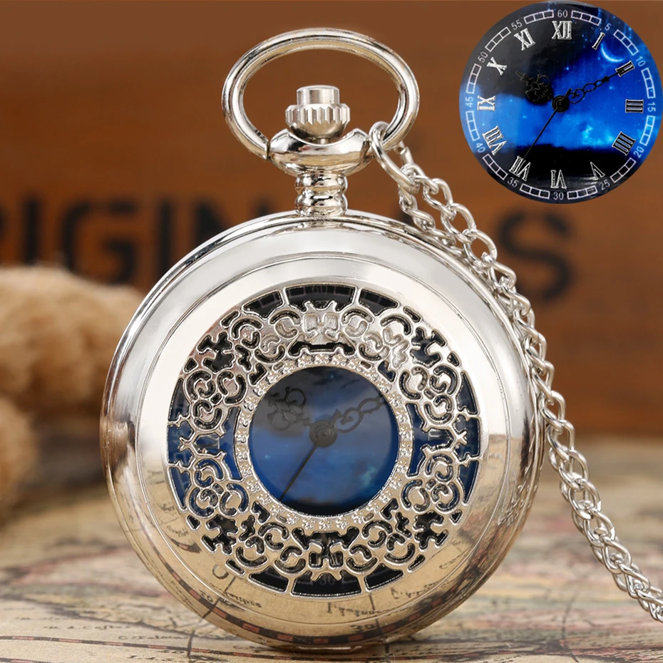 Exquise Starry Blue Dial Pendant Bronze Hollow Case Quartz Pocket Watch Roman Numerals Retro Watches Souvenir Gift for Men Women