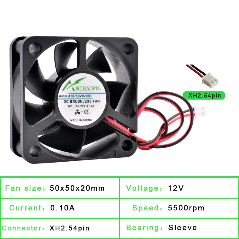 ACP5020 5cm 50mm Fan 50x50x20mm DC5V 12V 24V 2pin Cooling Fan Suitable for Chassis Power Supply Charger Printer Inverter