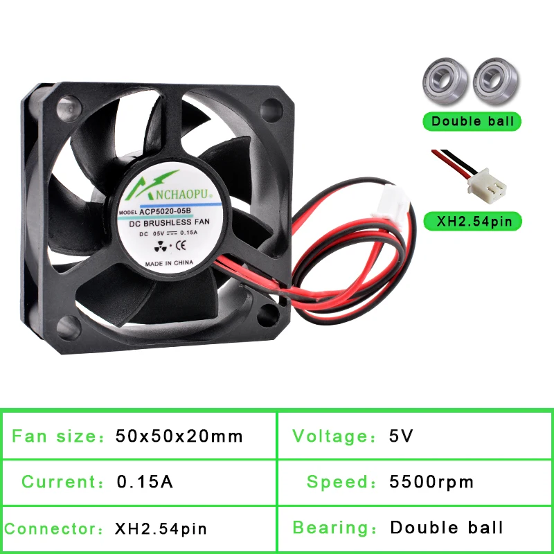 ACP5020 5cm 50mm Fan 50x50x20mm DC5V 12V 24V 2pin Cooling Fan Suitable for Chassis Power Supply Charger Printer Inverter