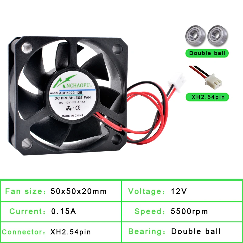 ACP5020 5cm 50mm Fan 50x50x20mm DC5V 12V 24V 2pin Cooling Fan Suitable for Chassis Power Supply Charger Printer Inverter