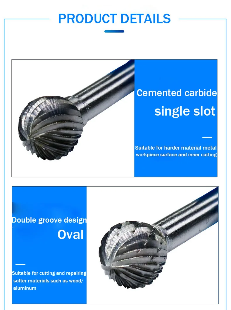6-16MM Tungsten Steel Grinding Head Carbide Rotary File D Type Spherical Single And Double Slot Cutter End Milling Cutter