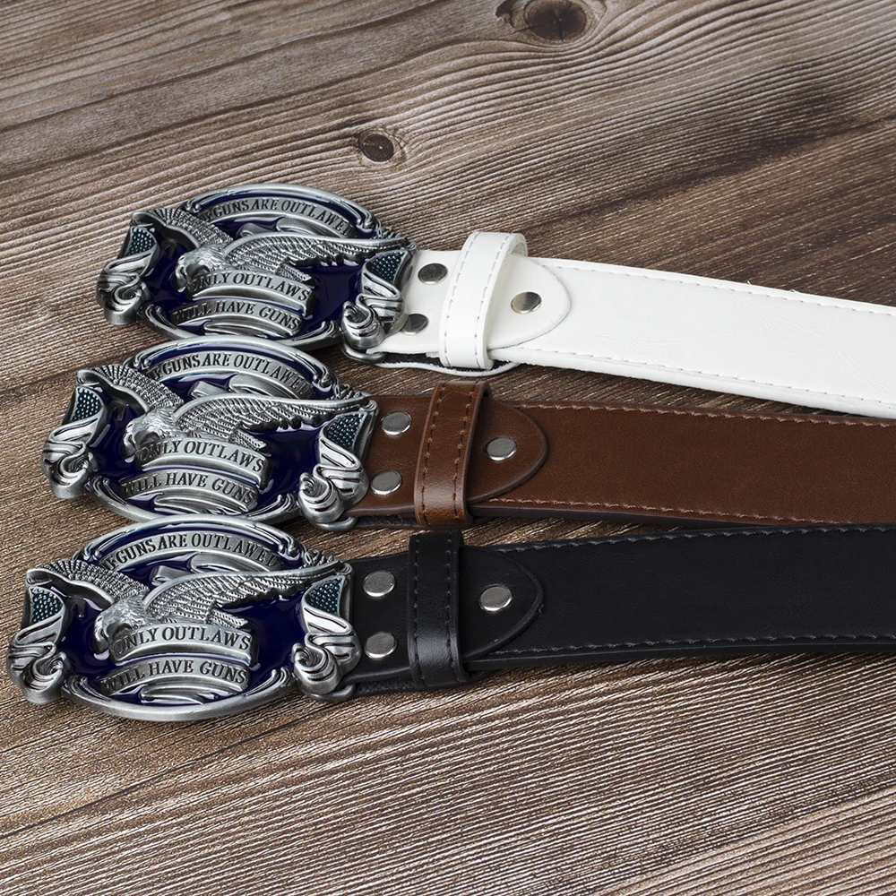 Eagle Belt for Men Jeans ONLY OUTLAWS WILL HAVE GUNS Metal Buckle Cowboy