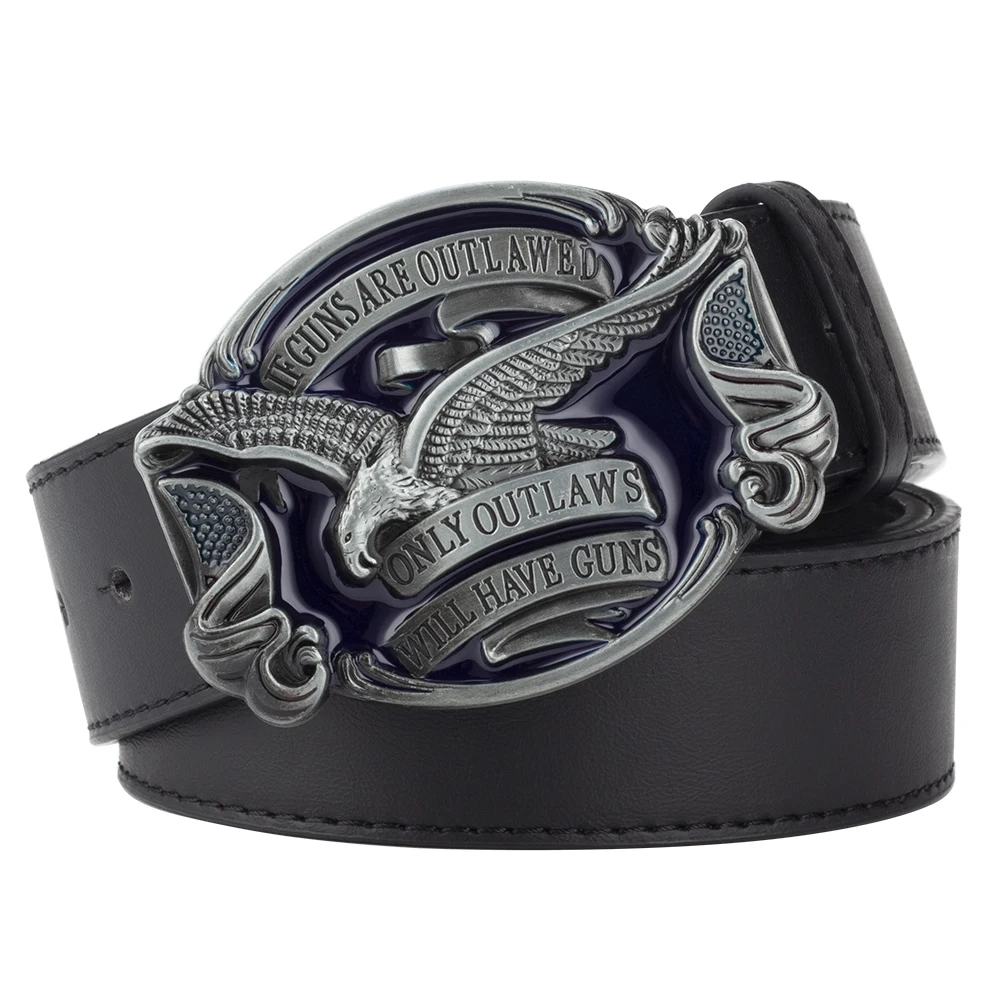 Eagle Belt for Men Jeans ONLY OUTLAWS WILL HAVE GUNS Metal Buckle Cowboy