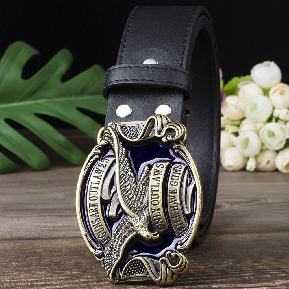 Eagle Belt for Men Jeans ONLY OUTLAWS WILL HAVE GUNS Metal Buckle Cowboy